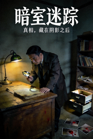 悬疑侦探剧海报，侦探在昏暗房间调查